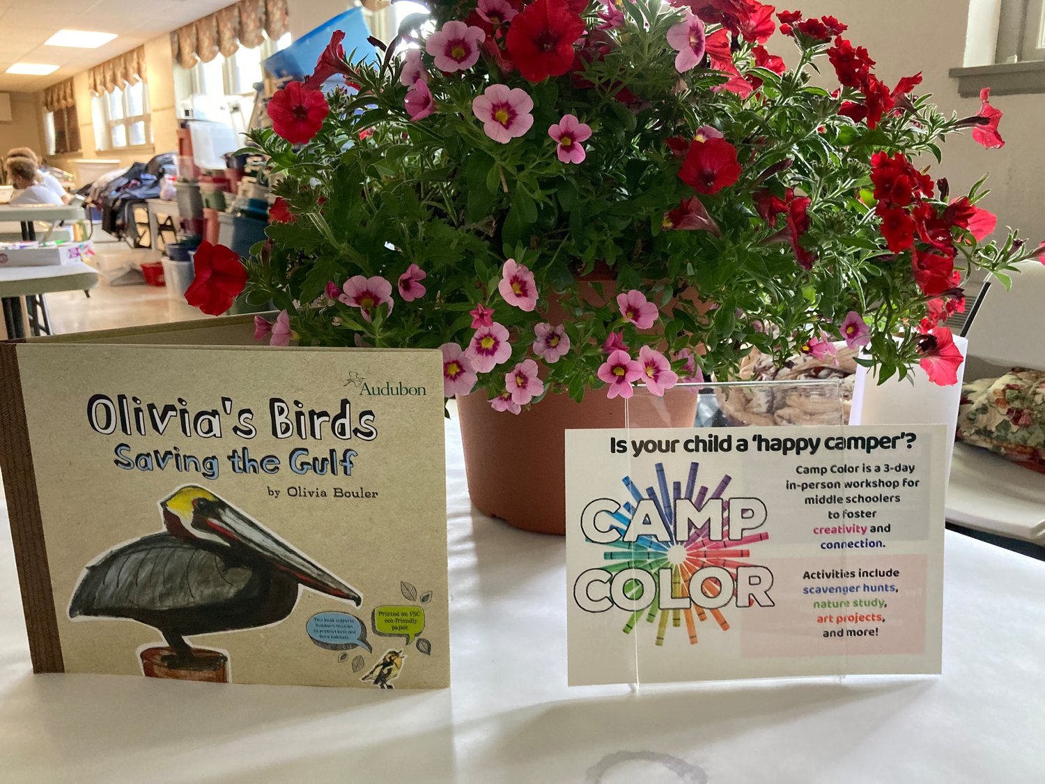 An arrangement from Camp Color featuring Ollie Bouler’s book “Olivia’s Birds,” of which each student received a free copy.